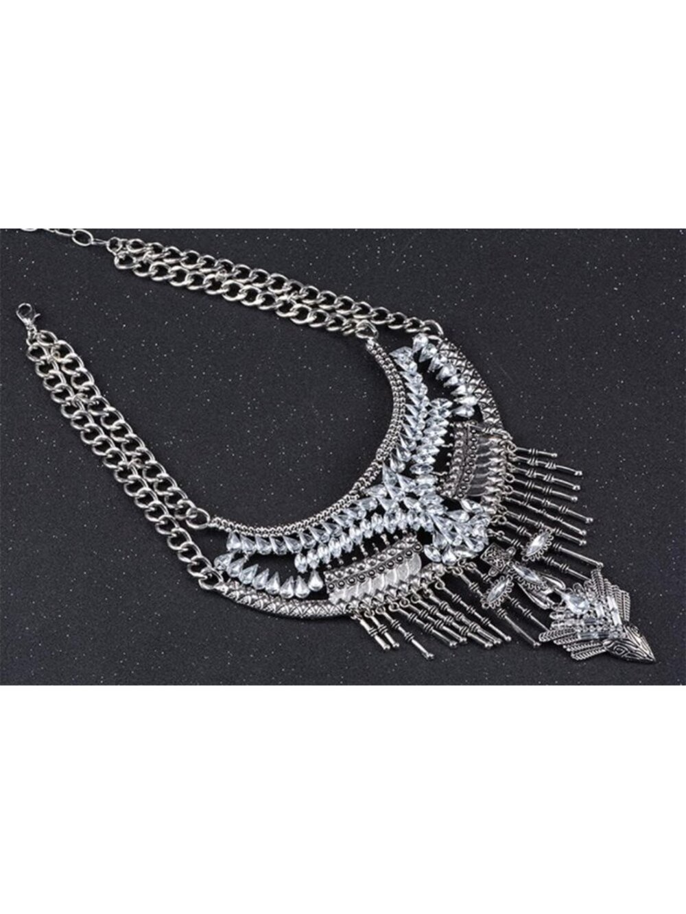 Boho Chunky Coin Statement Necklace with Long Tassels for Women - Silver - Picture 7 of 7